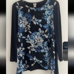 Chico's Black/Blue Floral Women Blouse Size Medium Long Sleeves Crew Neck